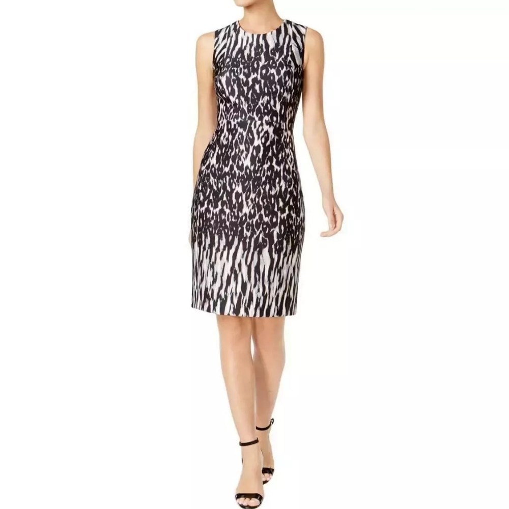 Calvin Klein Women's Elegant Sleeveless Scuba Sheath Dress Size 2 Animal Print